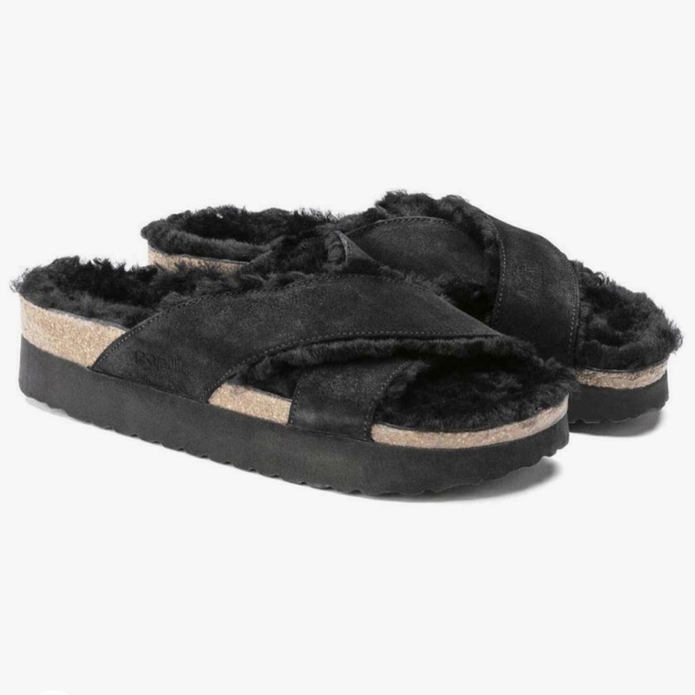 Papillio Birkenstock Daytona Black Shearling Platform Sandals